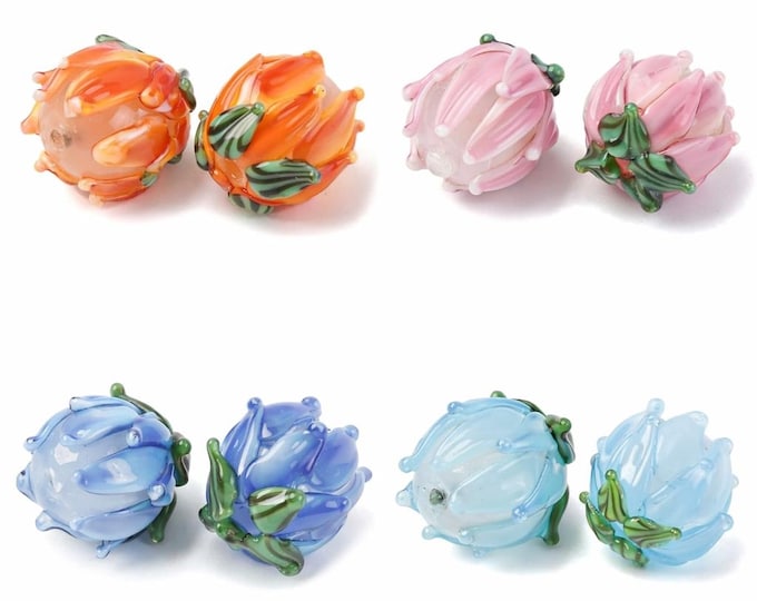 2pc handmade lampwork glass tulip flower beads-pls pick a color