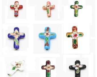 2pcs Handmade Cloisonné Cross Beads 27x20mm – Enamel Floral Religious Beads for Jewelry Making – Choose Your Color