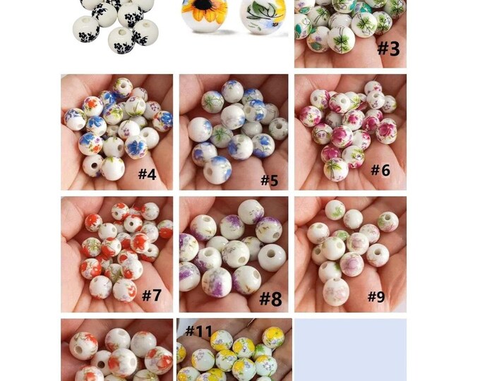 20pc 10mm Round Handmade Flower Printed Porcelain/Ceramic Beads-pls pick a color