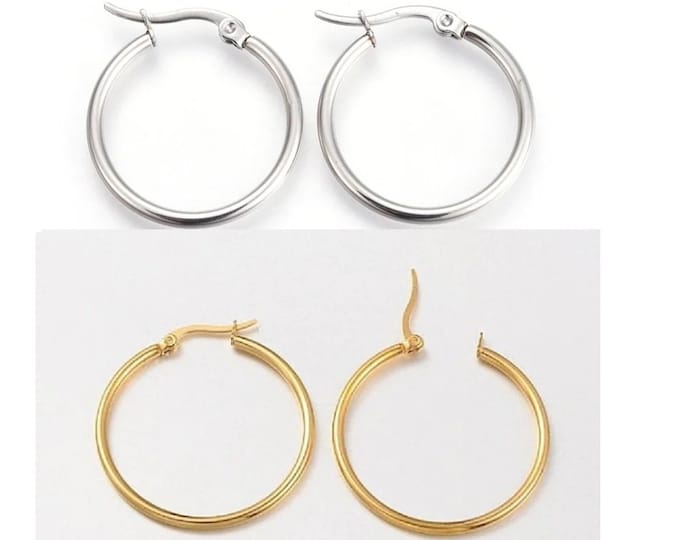 2 Pairs Stainless Steel Hoop Earrings – Choose Size & Color – Hypoallergenic Sleek Jewelry