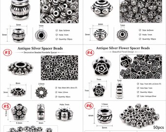 May include: A collection of six types of antique silver tone metal spacer beads. The set includes ribbed rondelle, round dotted, decorative beaded, flower, and twisted rope designs. Each section displays dimensions, hole sizes, and quantities.