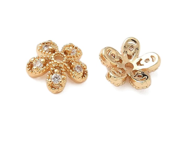 4pc 8.5mm Micro Pave Cubic Zirconia rhinestone bead caps gold finish