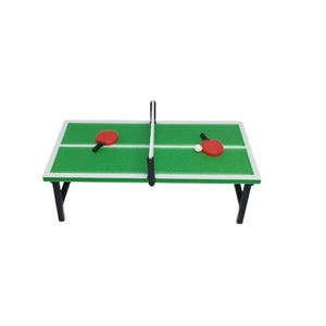 May include: Miniature ping pong table with a green surface, white net, and black legs. Two red paddles and a white ball are on the table. The table is a fun, decorative item.