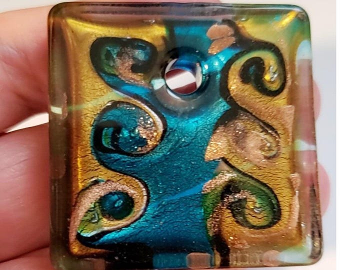 Handmade Lampwork Glass Pendant, Square Murano-Style Bead, 20mm, Gold & Blue Swirls, 1pc