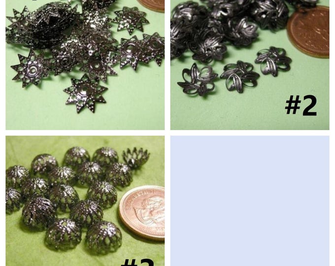 50pc gunmetal finish metal filigree bead caps-pls pick a pattern