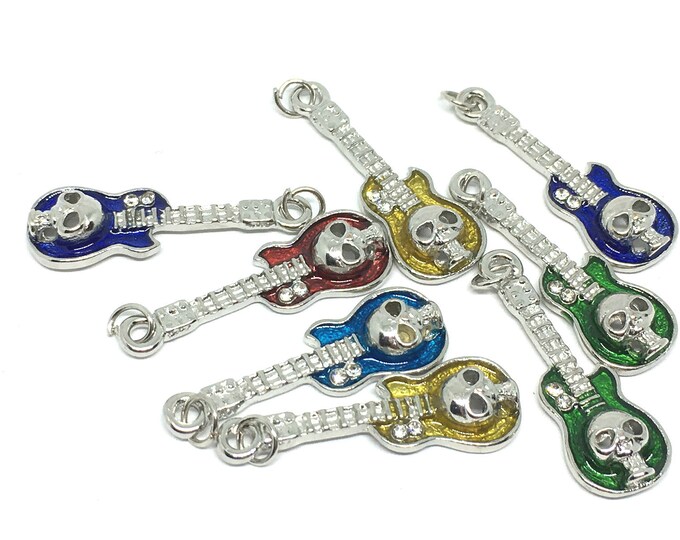 8pc mix color Halloween Enamel  Rhinestones Halloween Guitar with skull pendants-bak141v