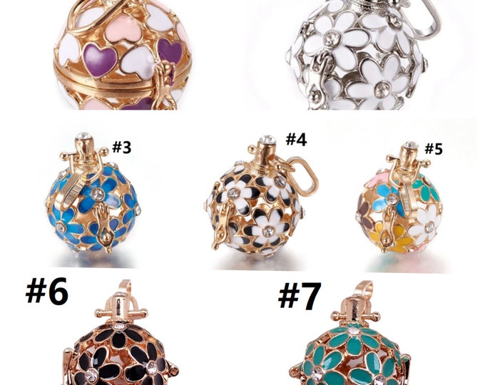 1pc Brass Enamel Hollow Cage Locket Pendant, with Rhinestones, Round with Flower Charm-pls pick a color