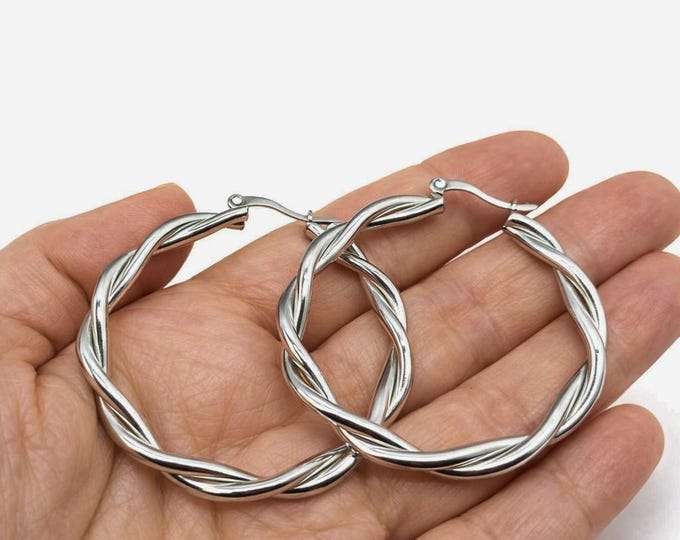 1 Pair Stainless Steel Twisted Ring Hoop Earrings 50mm, Hypoallergenic Earrings