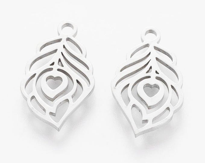 10pc Tarnish Resistant 304 Stainless Steel Pendants, Feather shape, jewelry making charms