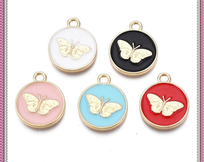 5pc round with butterfly pattern enamel pendants -LL1412- pls pick a color