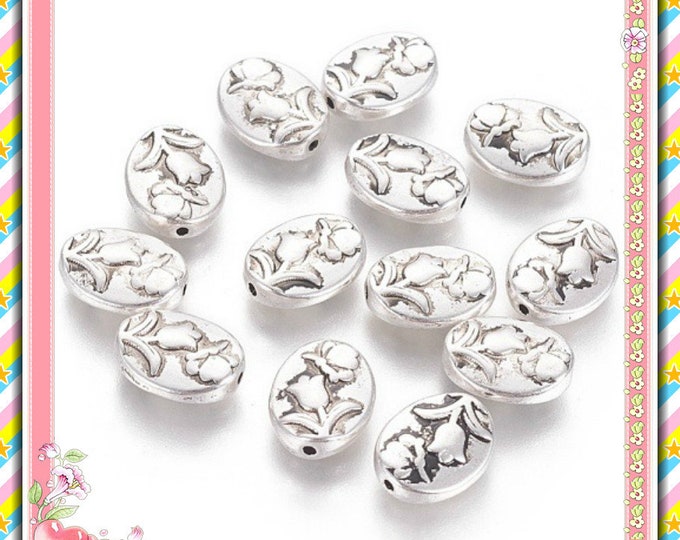 12pc 12x9mm flat oval flower pattern metal beads-LV87F