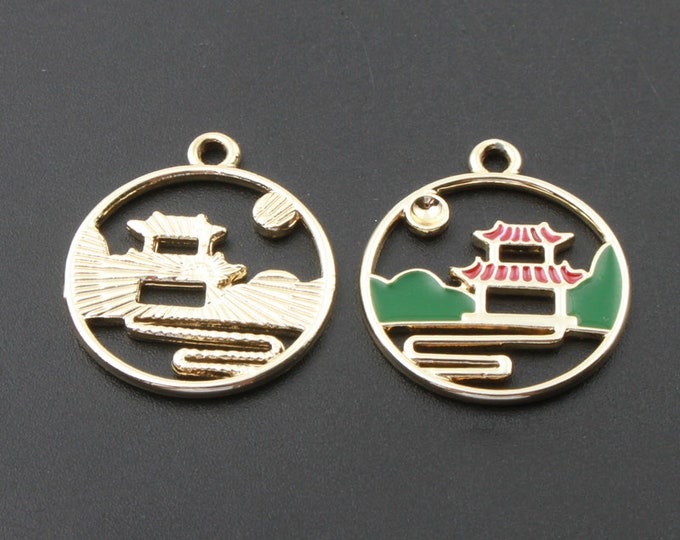 4pc 24x22mm round metal with enamel asian pavilion scenery pendants-R214