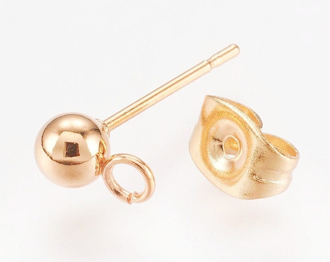 10 Sets Gold Stainless Steel Stud Earring Findings - with Loops & Rubber Backs - Hypoallergenic Jewelry Supplies