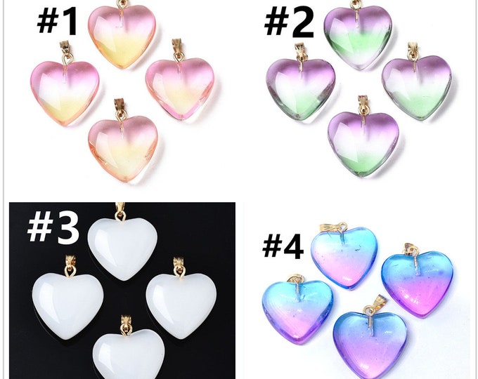 4pcs Spray Painted Heart Shape Glass Pendants, with Golden Plated Iron Bail-pls pick a color