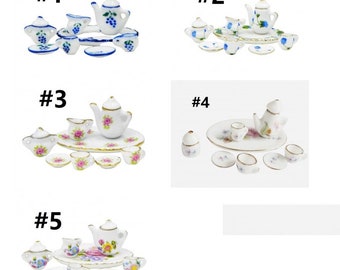 8pc Miniature Decorative Porcelain Doll House Tea Set -pls select a pattern
