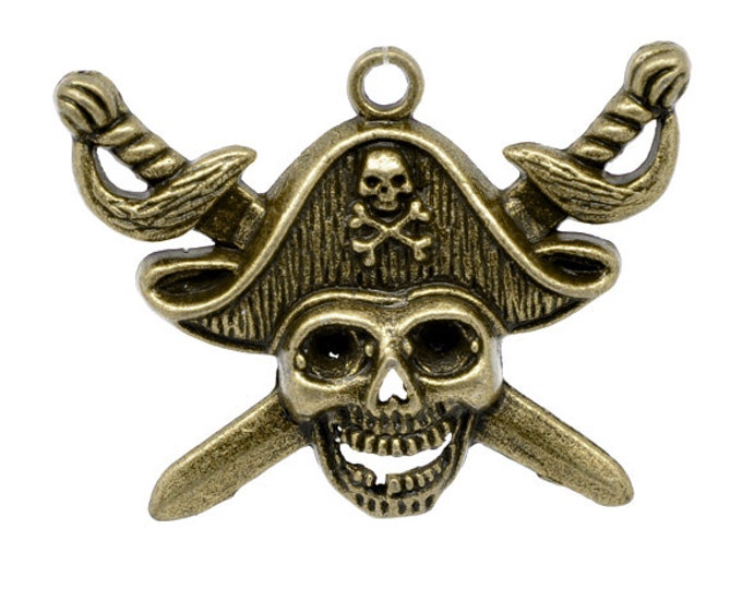 4pc Antique Bronze finish 44x34mm Pirate Skulls Charm Pendants-5610x2