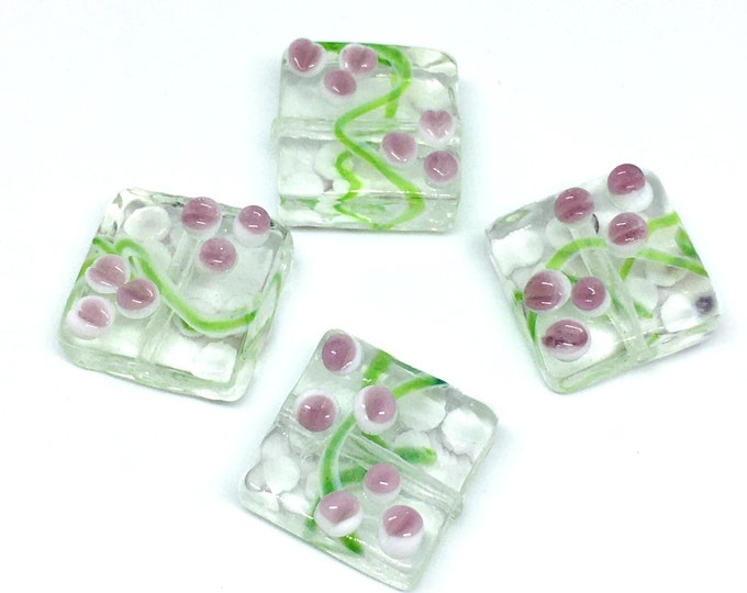 6pc 15mm square shape bumpy lampwork flower pattern glass beads-R793