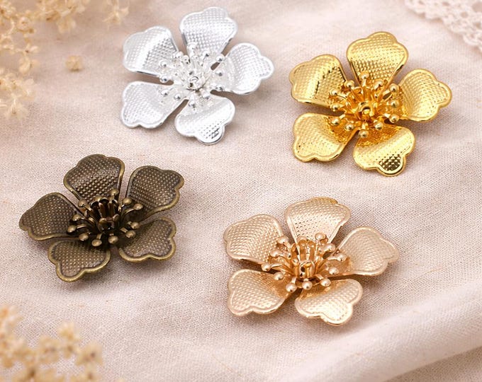 4pc 29mm Brass Flower Bead Cap, Metal Floral Spacer with Center Hole, Jewelry Making Findings