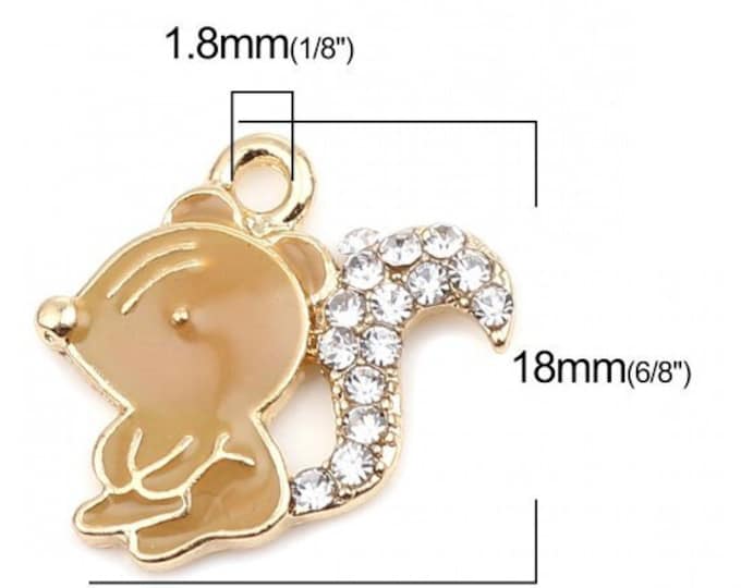 4pcs Metal Charms Squirrel Animal Gold Plated Khaki Enamel Clear Rhinestone 18mm x 17mm-LL922