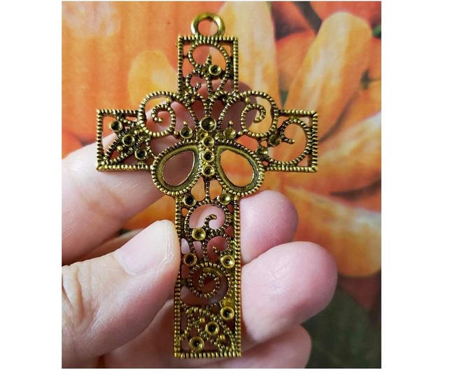 2pc 70x44mm antique gold finish metal cross pendants-1511E