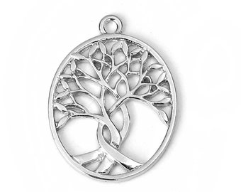 4pc Zinc Based Alloy Pendants Oval Silver Tone Tree Of Life 32mm(1 2/8") x 24mm(1")-LV1019