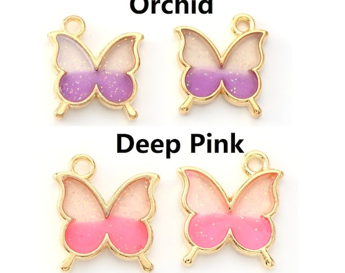 6PC Light Gold Plated Alloy Enamel Pendants, with Glitter Sequin Butterfly charms 15mm x 14mm- pls pick a color