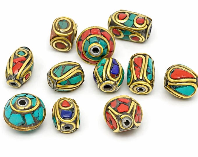 10pc mix style Handmade Tibetan Style  Brass with Synthetic Coral and Turquoise Beads-TFB35