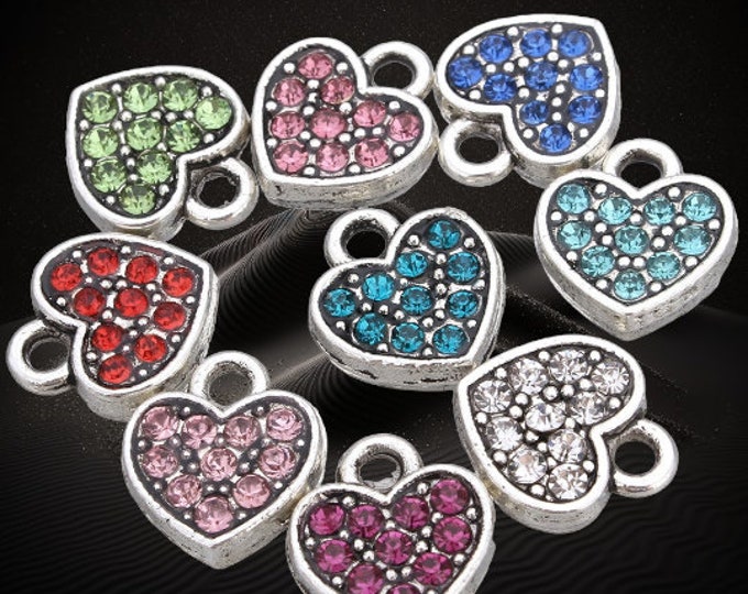 6pc mix color metal with rhinestone heart shape charms, for Valentine's day-LL2084
