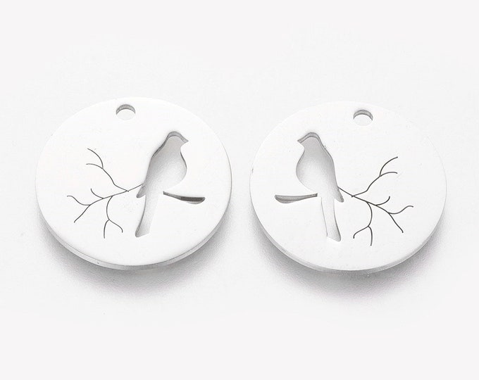 10pc Stainless Steel Flat Round with Bird Pendants