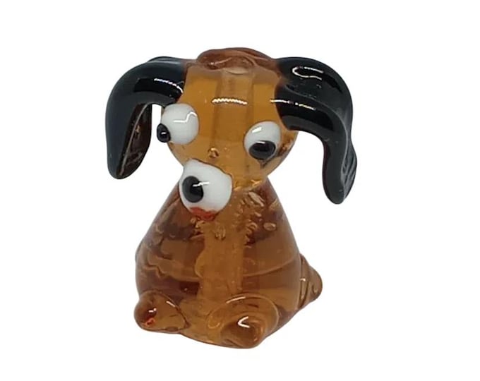 Mini Lampwork Glass Dog Figurine beads – Handmade Brown Puppy with Floppy Ears – Cute Collectible – Set of 2