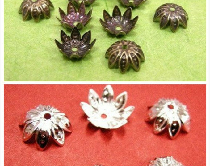 50pc 10mm Filigree Flower Bead Caps - Vintage Jewelry Findings for DIY Necklaces, Earrings - Choose Your Color (Silver,Bronze)