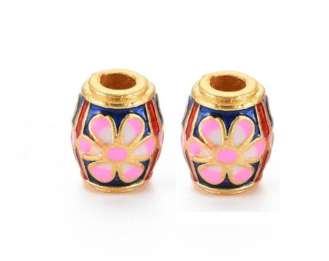 2pc 12x9mm metal with enamel barrel flower pattern large hole beads-R819