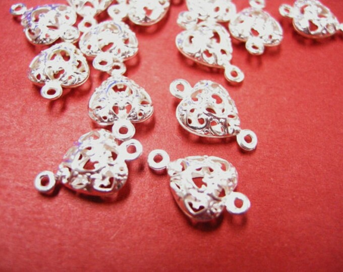 8pc silver finish heart shape metal connector with double loop-4997