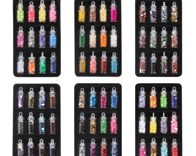 72 Mini Bottles Nail Art Rhinestones Beads Sequins Glitter Tips Decoration Tool  Mixed Design Case Sets