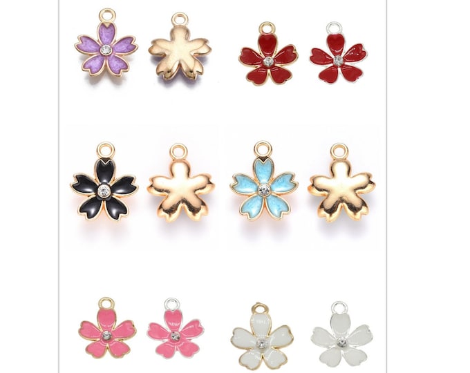6pc 17x15mm zinc alloy enamel with rhinestone flower pendant-pls pick a color