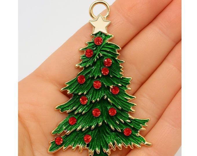 1PC enamel with rhinestones Christmas metal tree pendant 69x44mm