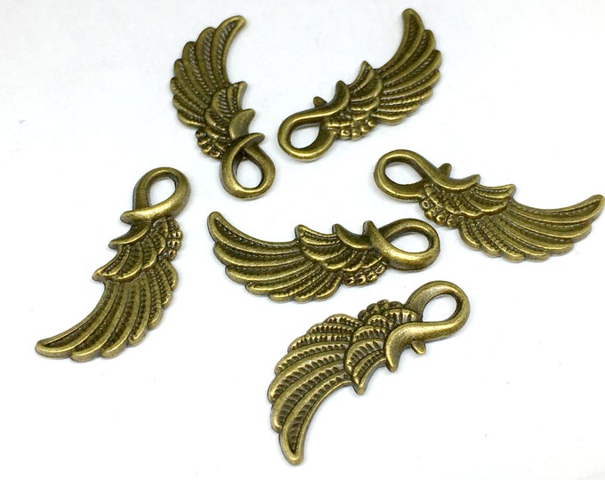 6pc 24x9mm antique bronze finish metal wing pendant-4802o