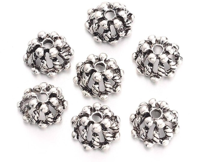 12pc 10mm antique silver finish metal bead caps-off280