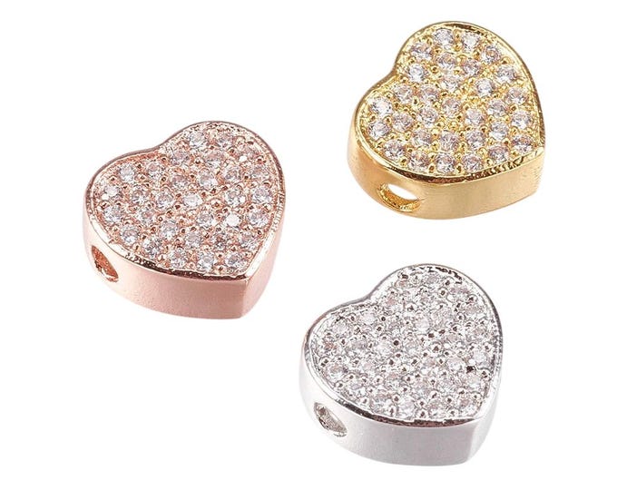 4pcs Heart-Shaped Brass Beads with Micro Pave Cubic Zirconia - Choose Your Color! Gold, Rose Gold, Platinum-Jewelry Making, Charm, DIY Craft