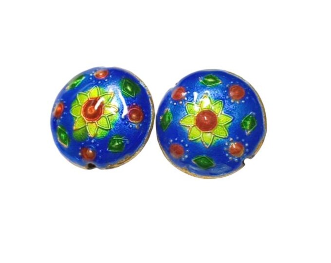 2pc 22mm flat round cloisonné beads