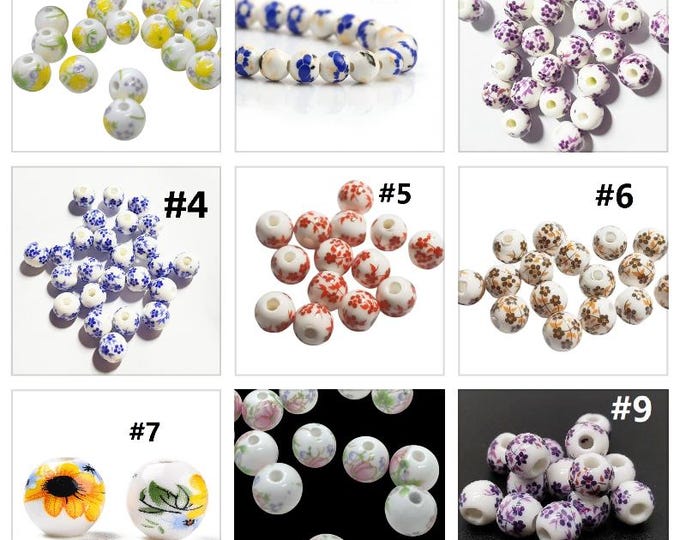 40pc 8mm Round Handmade Flower Printed Porcelain/Ceramic Beads-pls pick a color
