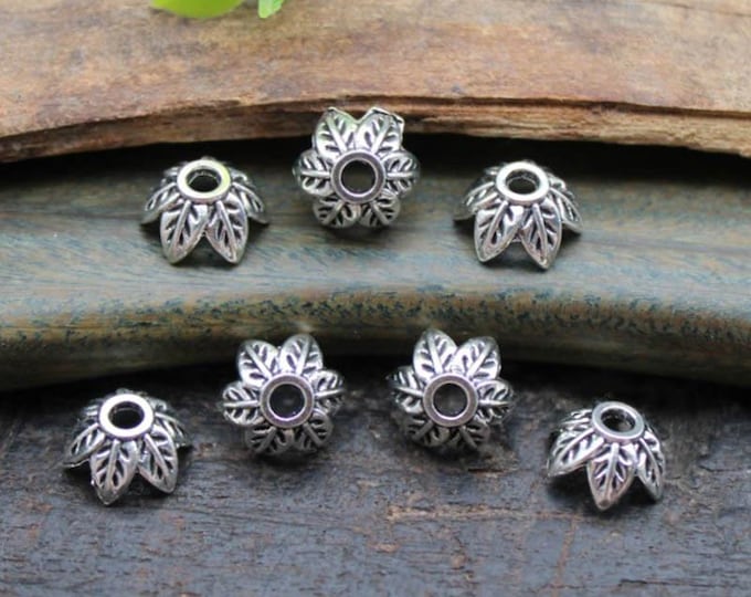 12pc 9mm antique silver finish metal flower bead caps