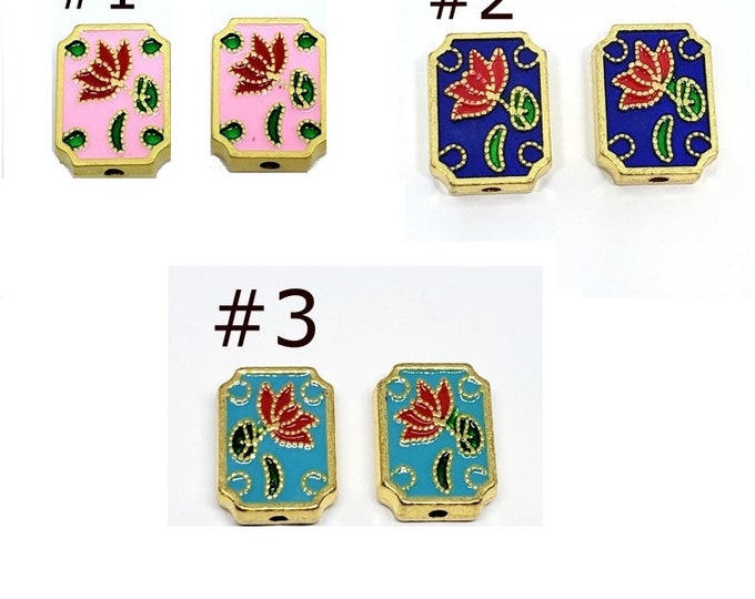 2pc 14x11mm metal with enamel rectangular shape flower pattern beads-Pls pick a color