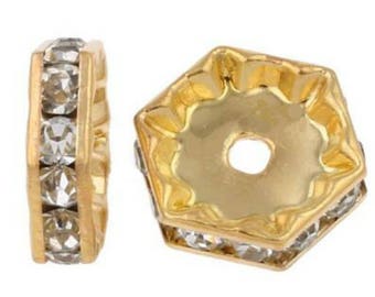 10pc 13mm gold finish Hexagon rhinestone spacer/beads-6106