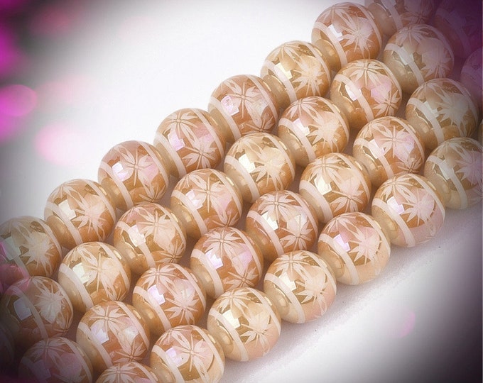 12pc 8mm round flower pattern Electroplate Glass Beads -fm71