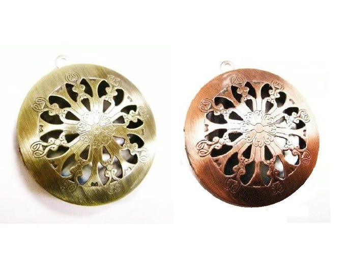 2pc Antique Finish Photo Pendant – Choose Color: Bronze, Copper – Vintage Locket, Fancy Photo Charm, Keepsake Jewelry, Gift for Her