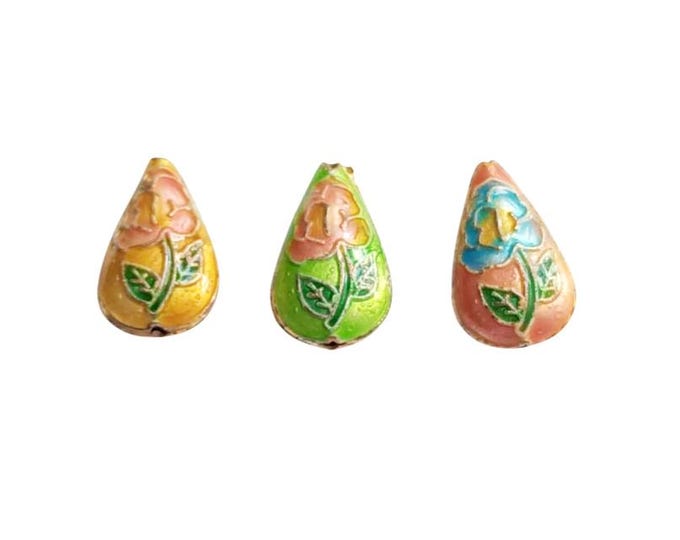 2pc Teardrop Cloisonné Beads 22x12mm – Flower Design Enamel Beads for Jewelry Making