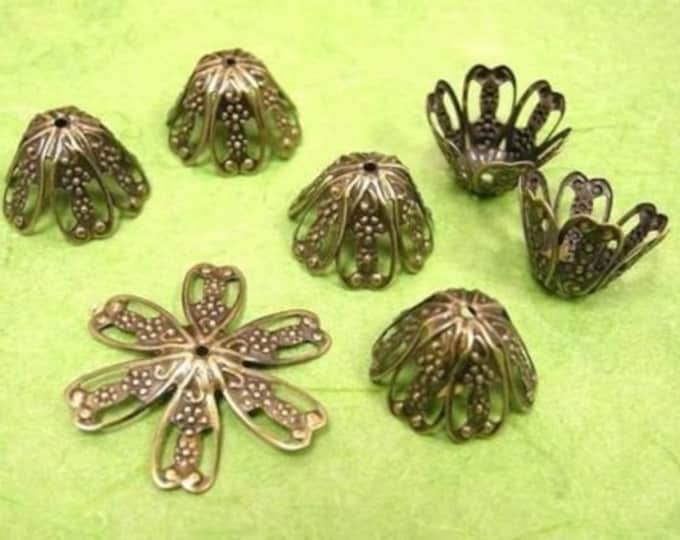24 pc antique bronze large filigree flower bead caps-1656