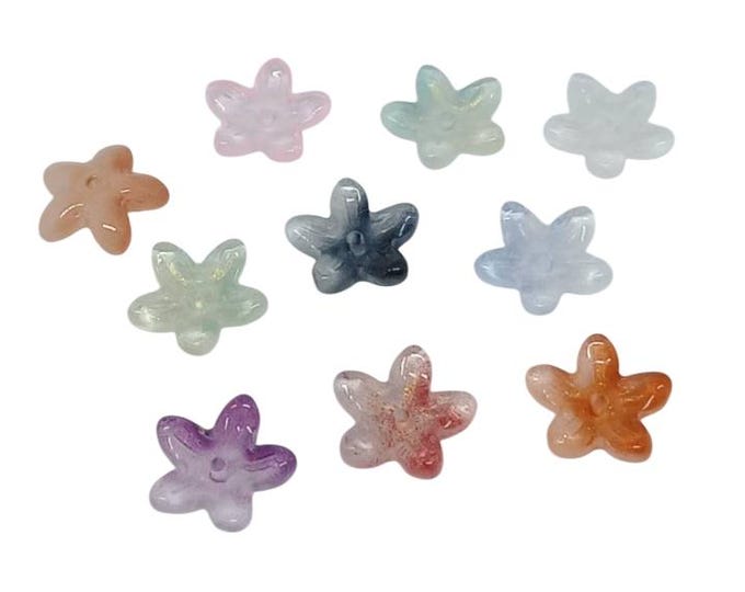 10pcs Mixed Color 13mm Glass Flower Beads – Five-Petal Floral Beads for Jewelry Making, Craft Supplies