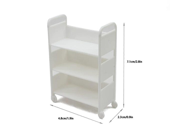 Miniature White Rolling Storage Shelf Cart – 1:12 Scale Dollhouse Furniture Accessory